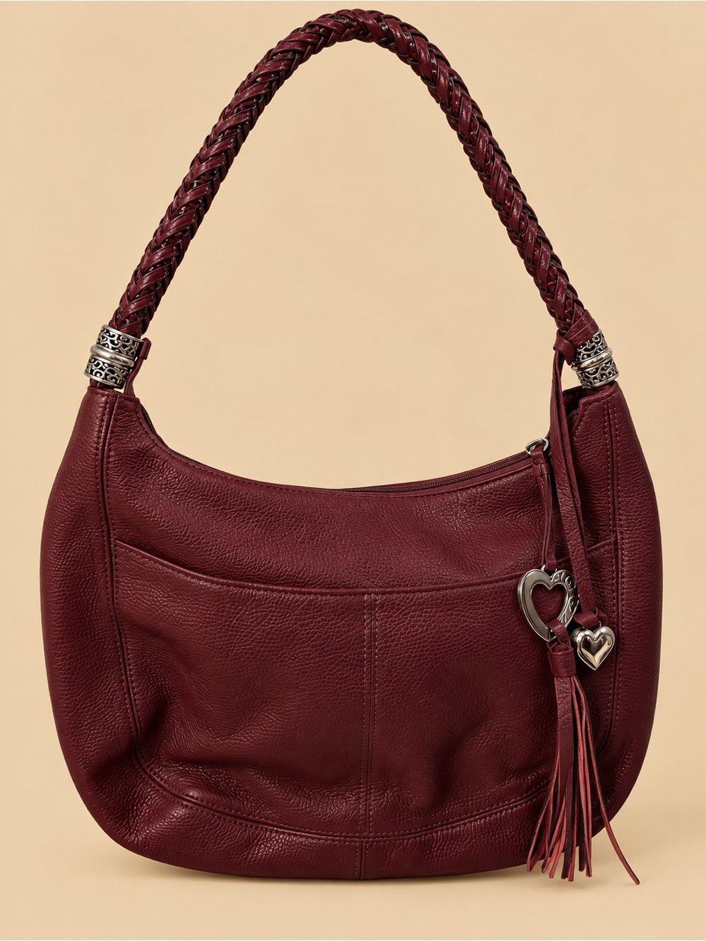 Brighton Women’s Burgundy Leather Hobo Bag with Heart Charm